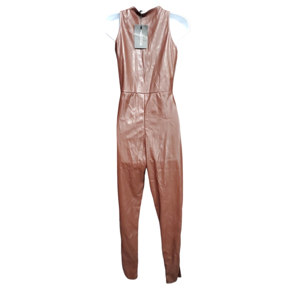 PRETTY LITTLE THING Faux Leather Brown Sleeveless Jumpsuit - Picture 2 of 10